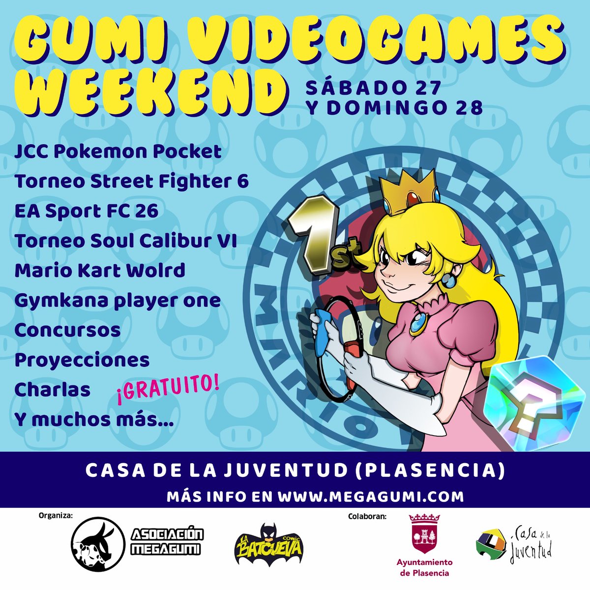 ✨🎮 ¡GAMERS, ATENCIÓN! 🎮✨

¡Se viene el Gumi Videogames Weekend!
📍 Casa de la Juventud – Plasencia (Cáceres)
🗓️ Sábado 27 y Domingo 28 de Diciembre
🎮 Consolas FREE TO PLAY 
👾 Gymkana 
🏅Concursos 
🏆 Torneos épicos
📽️ Proyecciones 
🎁 Premios y... ¡muchos más