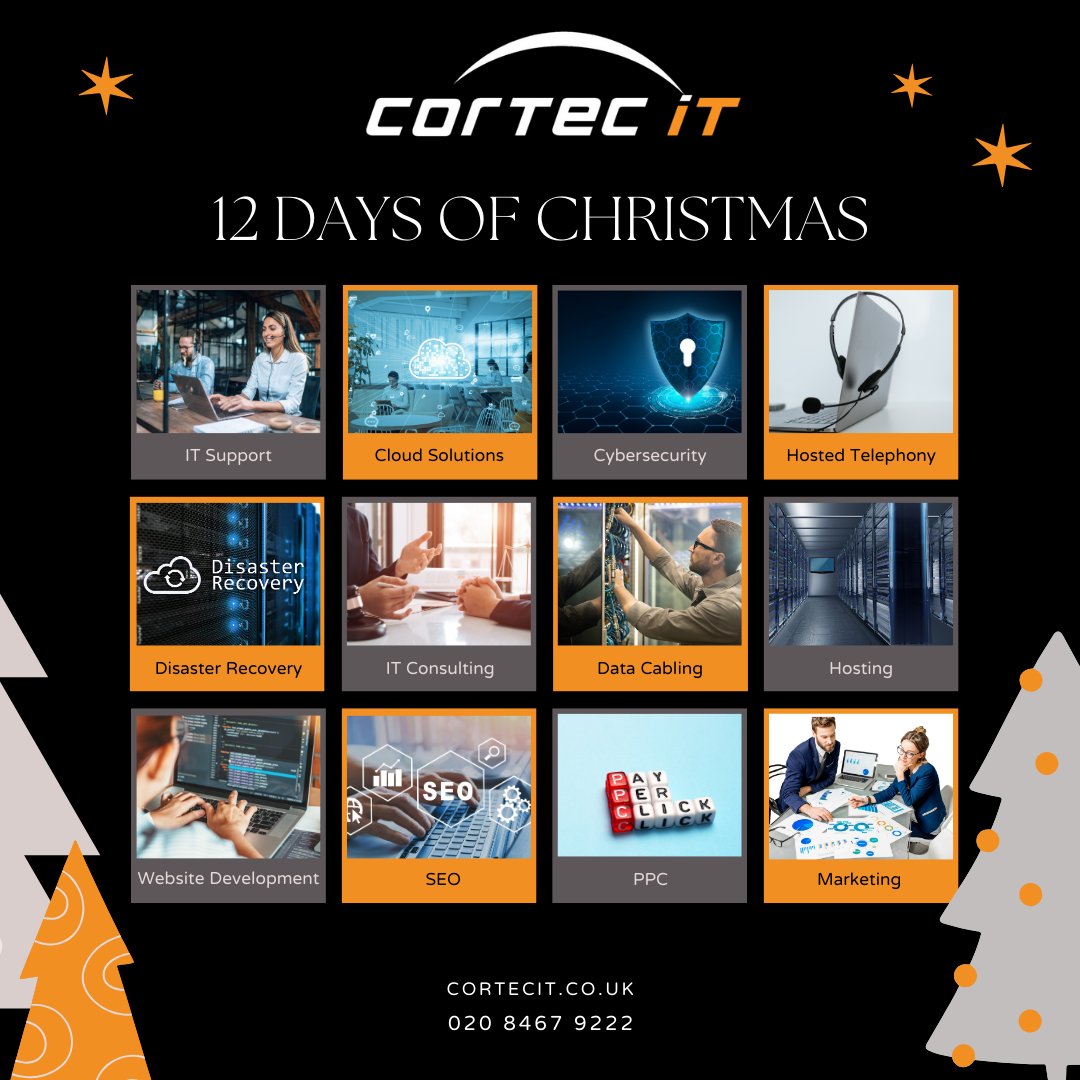 CortecIt's tweet photo. 🎄 The 12 Days of Christmas with IT Support Kent Businesses Trust. From IT Support, Cloud Solutions, Cybersecurity, &amp; Disaster Recovery to Hosted Telephony, Data Cabling, Hosting, &amp; Digital Marketing, our team delivers reliable &amp; scalable solutions tailored to your business. https://t.co/YdK8m6pIY0