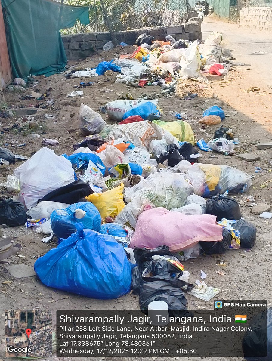 ghouse970's tweet photo. @GHMCOnline 
Garbage collection is not happening in our area. Huge piles of waste are lying unattended, causing unhygienic conditions and health risks.
📍 Shivarampally Jagir, Pillar 258 Left Side Lane, Near Akbari Masjid, Indira Nagar Colony – 52
Request immediate action.#GHMC. https://t.co/NK9mmcR5x8