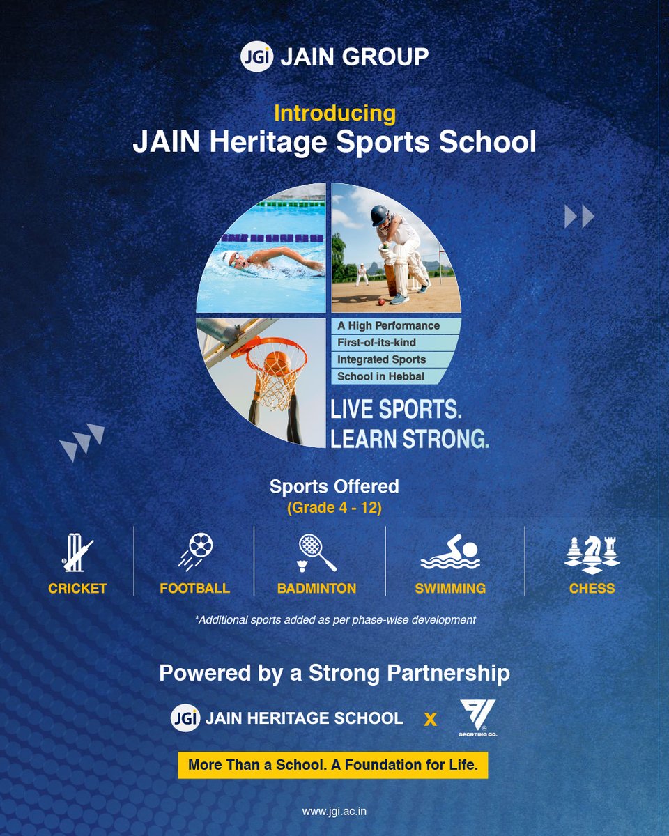 Jain_Grp's tweet photo. We introduce JAIN Heritage Sports School, an integrated sports and academic learning environment for students from Grades 4 to 12, focused on performance, discipline and growth.

#JAINGroup #JAINHeritageSportsSchool #JGI #JHSS #JHS #IntegratedLearning #SportsLeadership #Sports https://t.co/O9xQYkRyNq