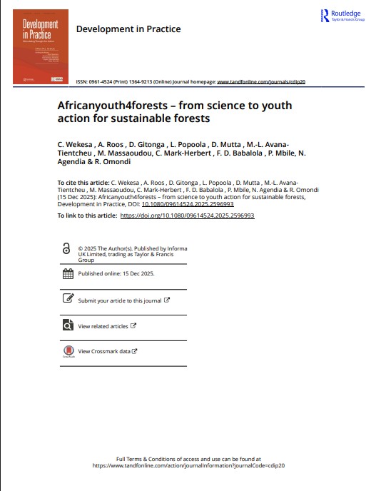 africanff's tweet photo. New Open Access | #AfricanYouth4Forests
The Practice Note “AfricanYouth4Forests – From Science to Youth Action for Sustainable Forests” is now available Open Access in Development in Practice (Taylor &amp; Francis) and on the AFF website.

🔗 Read more:
👉https://t.co/OnltITLjeQ https://t.co/Zpvw5SY9eL