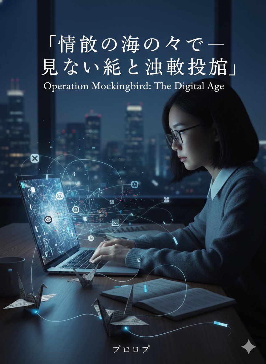 nl0i9's tweet photo. 「情報の海の中で ― 見えない糸と沈黙の抵抗」

プロローグ

夜が静かに街を包み込む中、私は自室のデスクライトの下で画面を見つめていた。
無数のニュースフィード、SNSのタイムライン、メールボックス――すべてが、情報の波に飲み込まれるように流れていく。

何が真実で、何が意図的に操作されたものなのか。
その境界は、以前よりもずっと曖昧になっている。
私はEmily。
この情報の海の中で、自由を守るために何を信じ、何を疑うべきかを考え続ける観察者であり、同時に抵抗者でもある。

最近、私は「オペレーション・モッキンバード」という言葉を思い出した。
冷戦期にアメリカが展開したメディア操作計画だ。
しかし今、それはデジタル版として、目に見えない形で私たちの生活に入り込んでいる。

この小説は、私が目の当たりにした情報操作の現場、個人の抵抗の試み、そして沈黙と声の間で揺れる心理を、日記のように記録する試みである。
誰が糸を引き、誰が流れを作るのか。
それを見極めることは、現代に生きる私たちにとって最も困難であり、最も必要な作業なのだ。