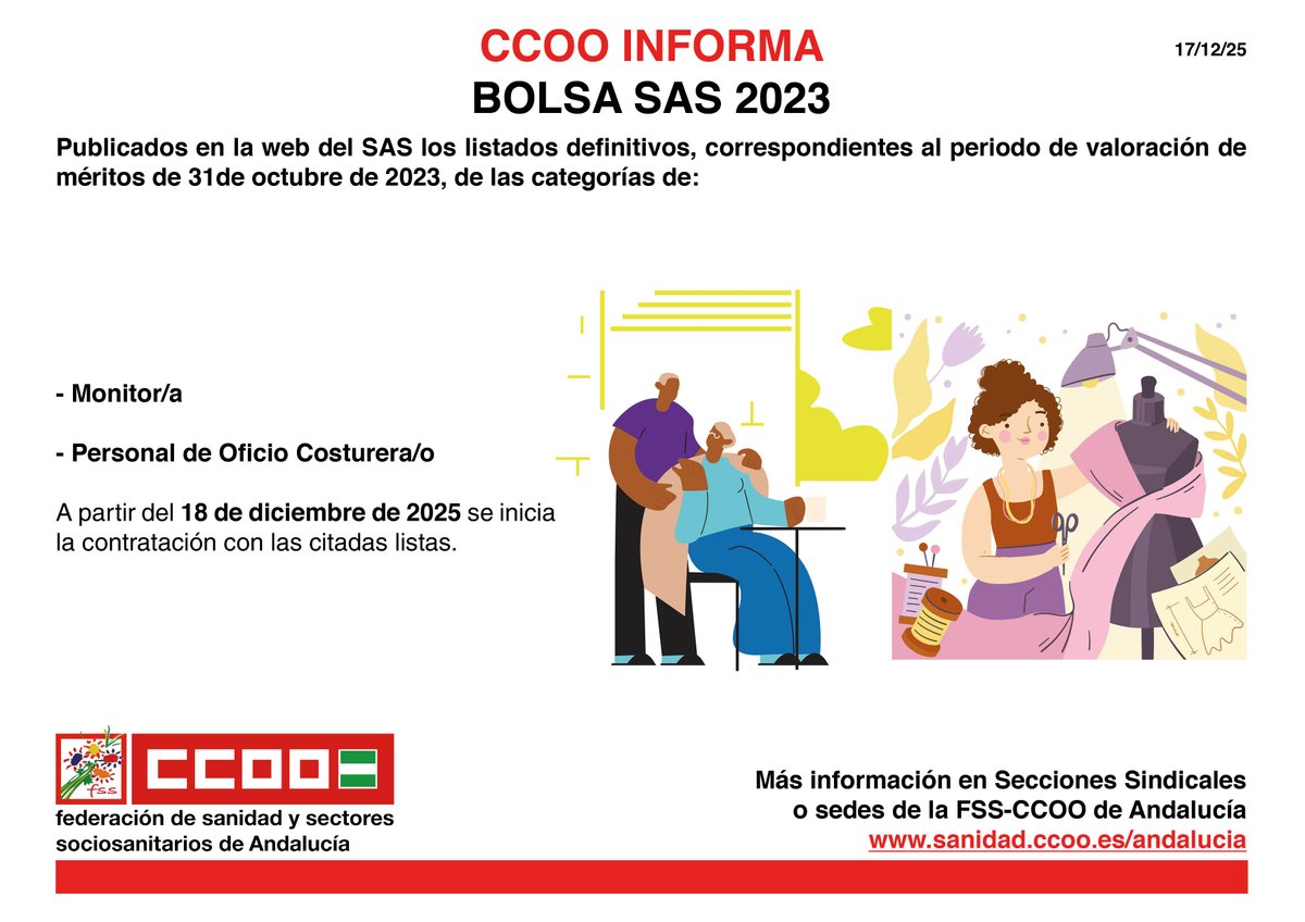 📄 Bolsa SAS 2023: Lista definitiva de costurera y monitor

💻 Accede a resolución y listados en nuestra web

#CCOOTuSolución

sanidad.ccoo.es/andalucia/noti…