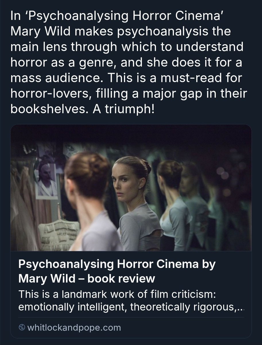 psycstar's tweet image. Andrew Pope: “This is a landmark work of film criticism, [...] truly accessible. Psychoanalysing Horror Cinema is the book we didn’t realise we were waiting for, the essential bridge between horror fandom and psychoanalytic insight. Mary Wild has written a classic-in-the-making"