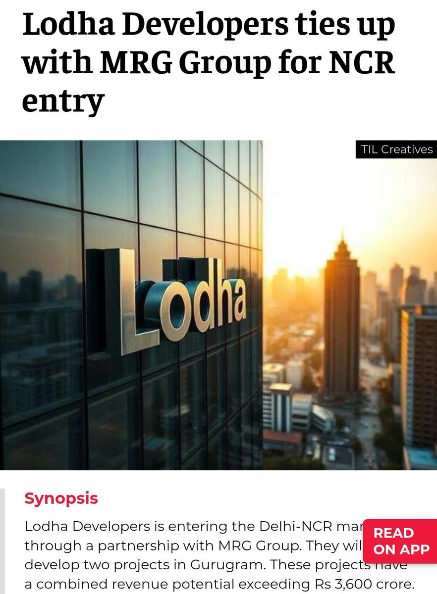 PropertyDecoder's tweet image. After Oberoi Realty, Mumbai-based heavyweight Lodha Group has entered Gurgaon via a JV.

It’s good to see NCR attracting some of India’s most credible developers, but their entry appears slightly late in the cycle.

But somehow this also signals their long-term conviction. 

They…