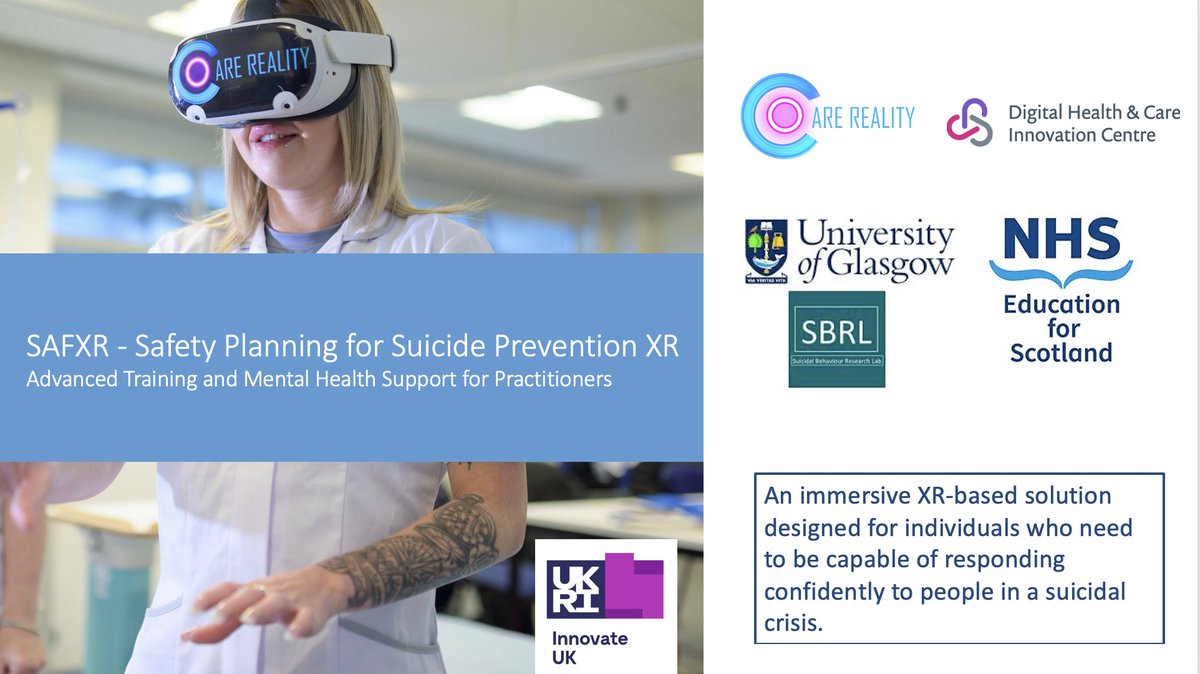 suicideresearch's tweet photo. 🆕 Partners advance SAFXR: a new immersive approach to suicide prevention training and workforce mental health

Dr Karen Wetherall and I are delighted to be involved in SAFXR (Safety Planning for Suicide Prevention XR).

SAFXR is an innovative immersive learning solution that aims to transform how professionals respond to people experiencing suicidal thoughts, while also supporting their own mental health and resilience.

SAFXR, which began development in July 2025, is a collaborative project led by Care Reality in partnership with NHS Education for Scotland (NES), the Digital Health & Care Innovation Centre (DHI), and the Suicidal Behaviour Research Lab (SBRL) at the University of Glasgow. The project brings together expertise in immersive technology, clinical education, suicide prevention research, and lived experience insight.

SAFXR is supported by funding from Innovate UK (IUK) through the Mindset Extended Reality (XR) funding programme, which aims to advance immersive digital therapeutics for mental health across the UK.

Professor Rory O’Connor, Director of the Suicidal Behaviour Research Lab at the University of Glasgow said:

“We’re delighted to be involved in this important innovation to  enhance safety planning training for people who are suicidal. Making use  of the latest immersive technologies, SAFXR will enhance existing  suicide prevention efforts as we work together to tackle the scourge of  suicide.”

https://t.co/ztDronYEir