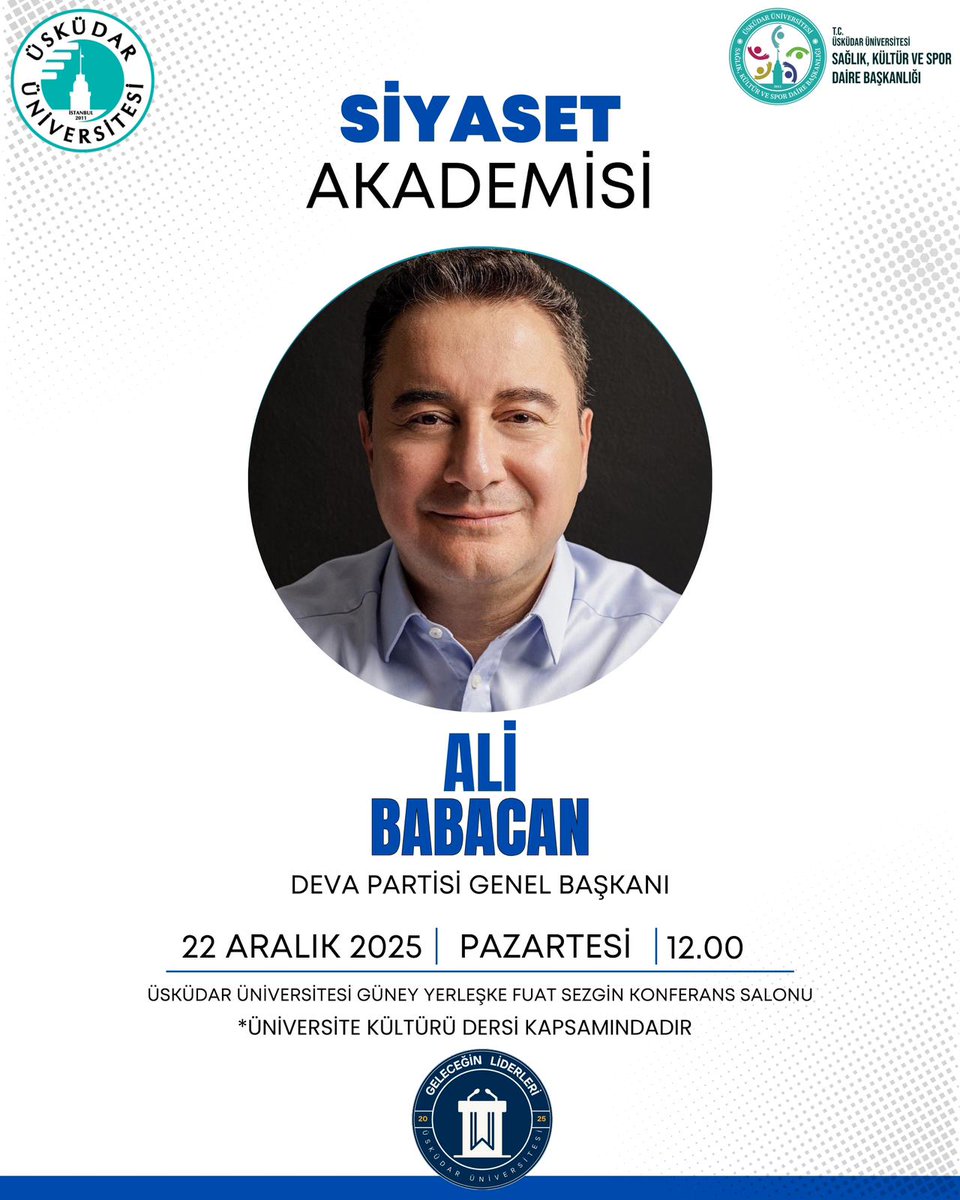 Genel Başkanımız <a href="/alibabacan/">Ali Babacan</a>, Üsküdar Üniversitesi Siyaset Akademisi’nde öğrencilerle buluşuyor! 🎓
Türkiye’nin geleceğini ve çözüm yollarını konuşmak üzere Fuat Sezgin Konferans Salonu’ndayız.
🗓️ 22 Aralık Pazartesi
🕛 12.00
📍 Üsküdar Üniversitesi Güney Yerleşke
#DEVA