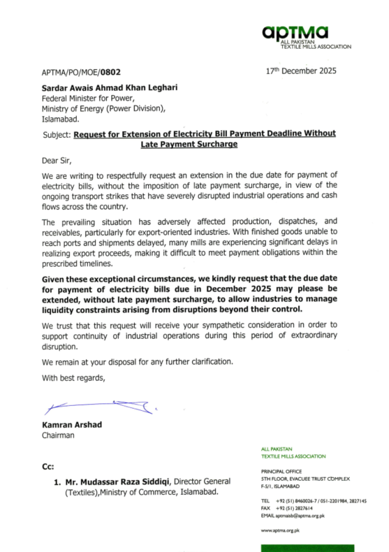 APTMAofficial's tweet photo. APTMA requests extension of electricity bill deadlines without surcharge due to disruptions from ongoing transport strikes.
#APTMA #TextileIndustry #IndustrialSupport #Electricity #TradeContinuity https://t.co/E2BGYmbvFf