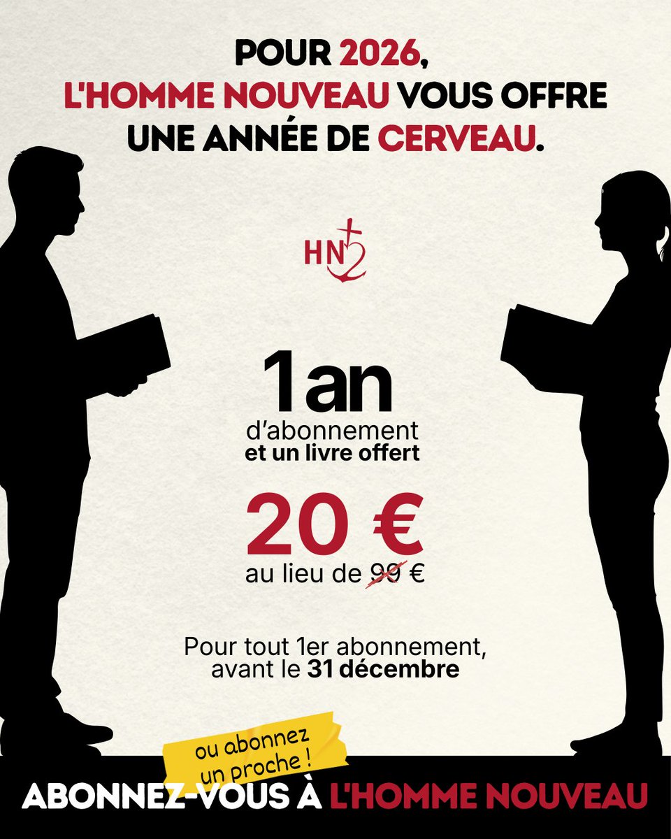 [OFFRE FLASH] 📣

📰 Abonnez-vous à L’Homme Nouveau pour seulement 20 €, ou abonnez un proche !

🧠 Recevez votre magazine de 40 pages tous les 15 jours

👉🏻 Retrouvez l’offre jusqu’au 31 décembre sur la boutique en ligne : hommenouveau.aboshop.fr/common/product…