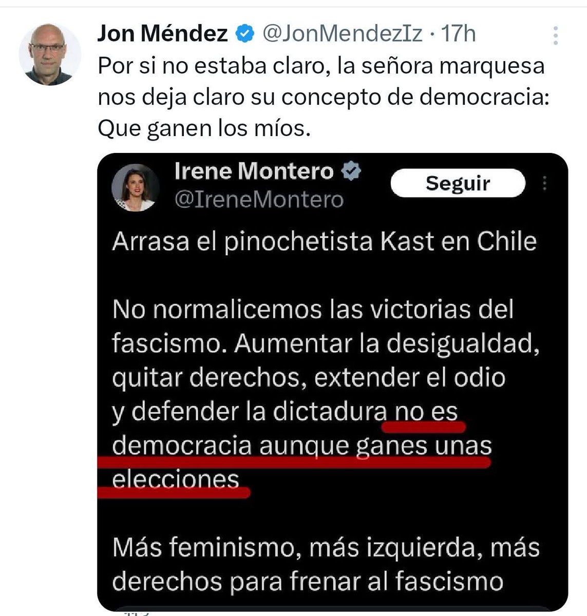 Es decir que democracia existe exclusivamente cuando ganan. Está vergüenza fue ministra del Gobierno de España