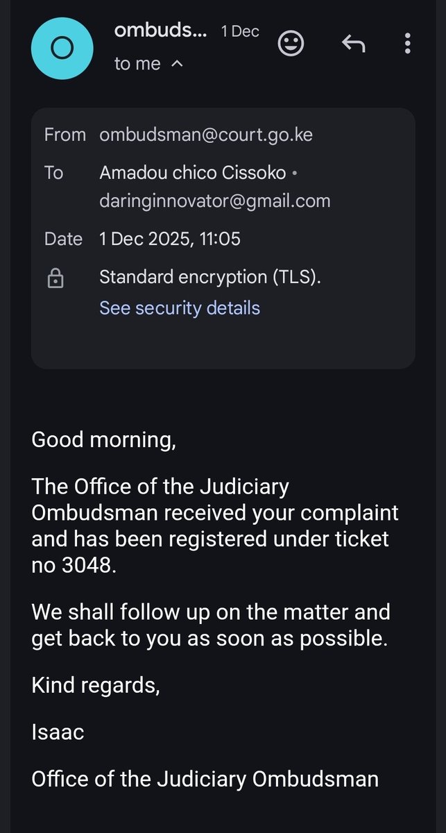 AmadouChico's tweet photo. @CJMarthaKoome you have spoken out mutliple times about the need to end #corrution in the Kenyan Judiciary. My complaint 3048 is being silenced by individuals in your office. Justice delayed is justice denied. Please act. #Justice4Chico #YALIFightsCorruption https://t.co/Y56RstKnNL