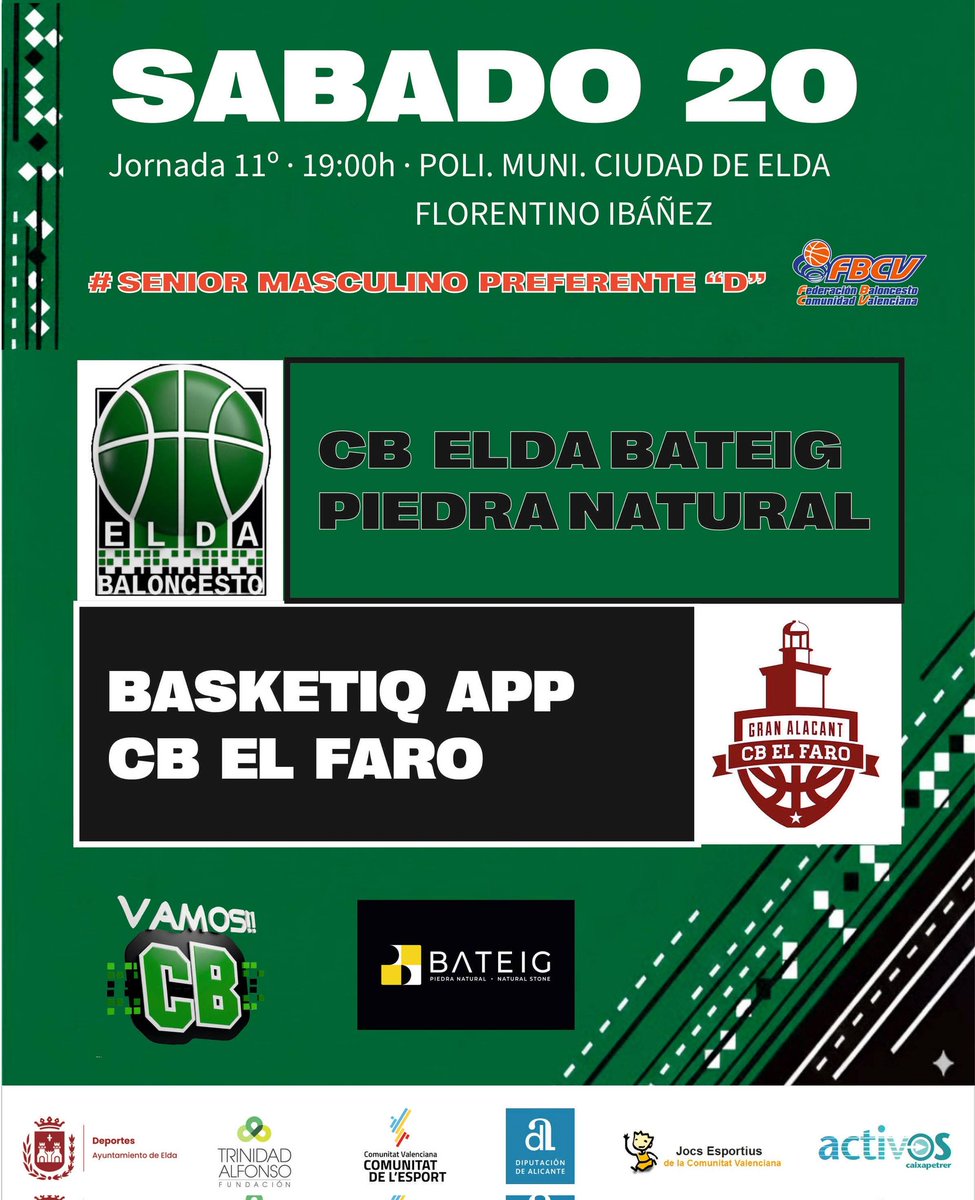 ▶️ 🟢⚫ Este Sábado nuestro 𝘾𝑩 𝑬𝙇𝑫𝘼 𝘽𝑨𝙏𝑬𝙄𝑮 𝑷𝙄𝑬𝘿𝑹𝘼 𝙉𝑨𝙏𝑼𝙍𝑨𝙇  juega en Casa. #VamosCB 💚🖤

🆚 CB EL FARO 

<a href="/ayto_elda/">Ayuntamiento de Elda</a>
<a href="/BateigStone/">Bateig Piedra Natural</a>
<a href="/FTA_CV/">Fun.Trinidad Alfonso</a>
<a href="/comunitatesport/">Comunitat de l'Esport</a>
<a href="/dipuAlicante/">Diputación de Alicante</a>
<a href="/caixapetrer/">Social Media</a>
