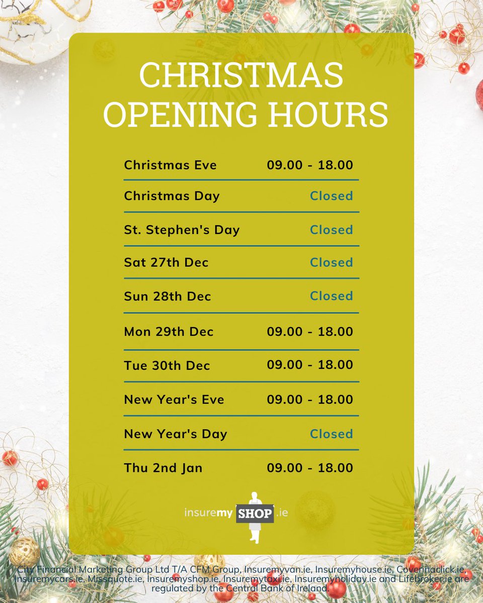 Insuremyshopie's tweet photo. 🎄✨ ‘Tis the season!

Customers, our opening hours will be adjusted for the holidays 🎄Not to worry, though, should you need to, you can still visit our Claims Centre 

👉 https://t.co/vHpVXp7Pac

#insuremyshop #christmas #openinghours #smallbusiness #shoplocal #ad https://t.co/yyN9PMxZdo