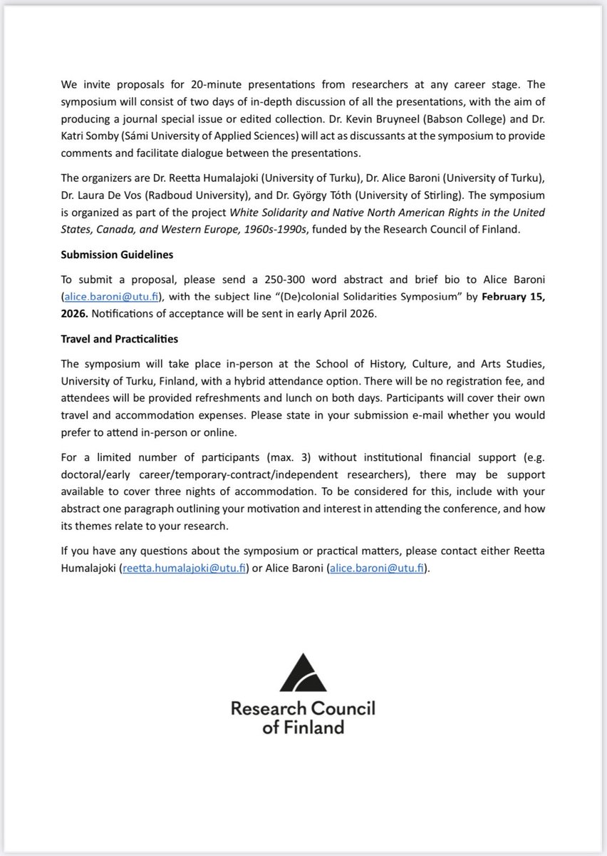 SouthSouthMvmt's tweet photo. Call for Papers

(De)colonial Solidarities: Whiteness, Colonialism, and the Politics of Allyship

27-28 August 2026

University of Turku, Finland

Deadline: 15 February 2026

Thanks to Alice Baroni for sharing! https://t.co/L2F28xQRHC