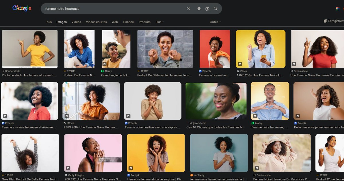 Tyron911147's tweet image. Recherches Google:
"Femme blanche heureuse" Vs
"Femme noire heureuse"