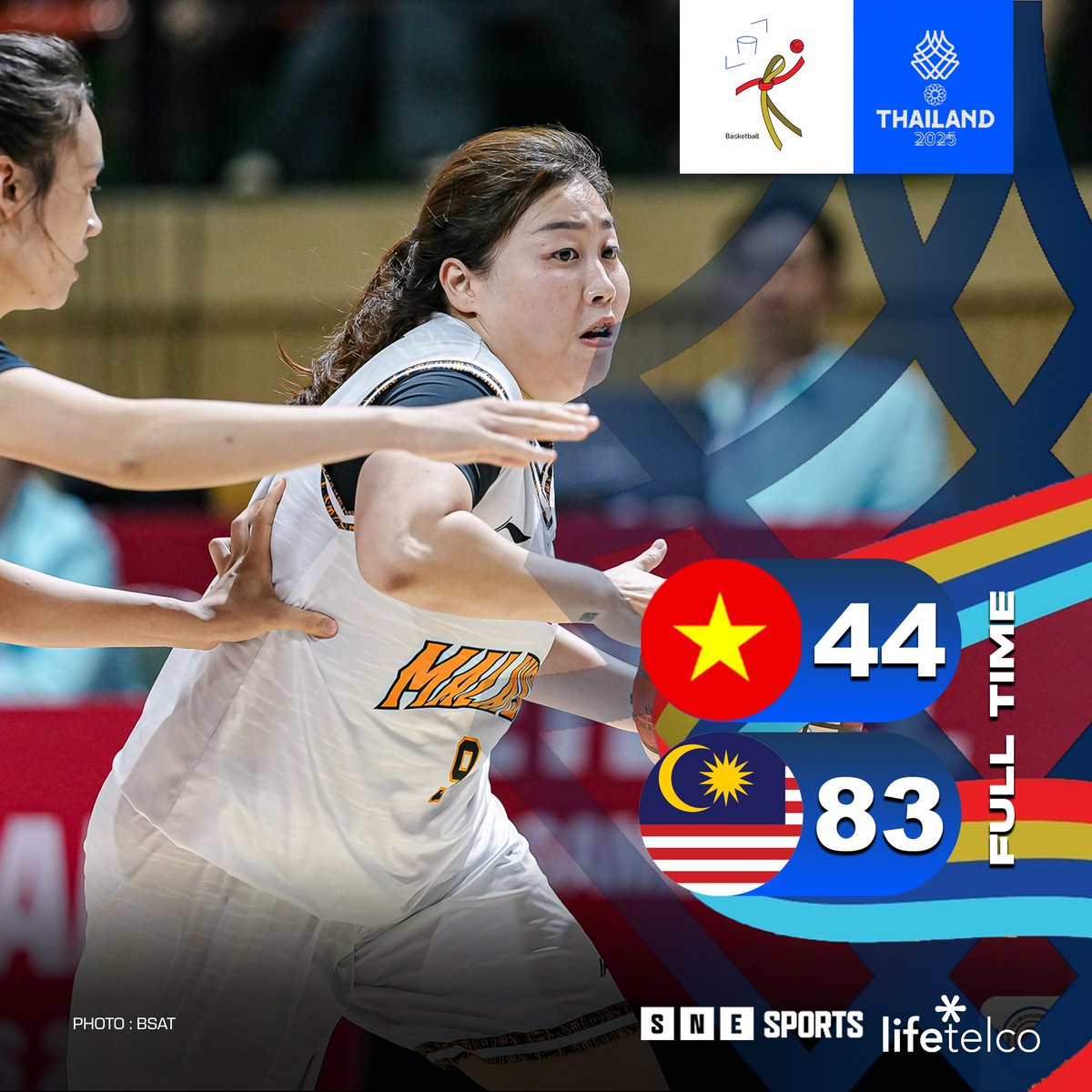 SNE_Sports's tweet photo. #SEAGames2025 #Basketball Women's Quarter-Final Results
FT: Vietnam 44-83 Malaysia
ππ²πΎ Malaysia reaches Semi-Final
π· : BSAT
#VIEMAS #Vietnam #Malaysia
#SNESports
#LifeTelco https://t.co/tDO6iLNN7F