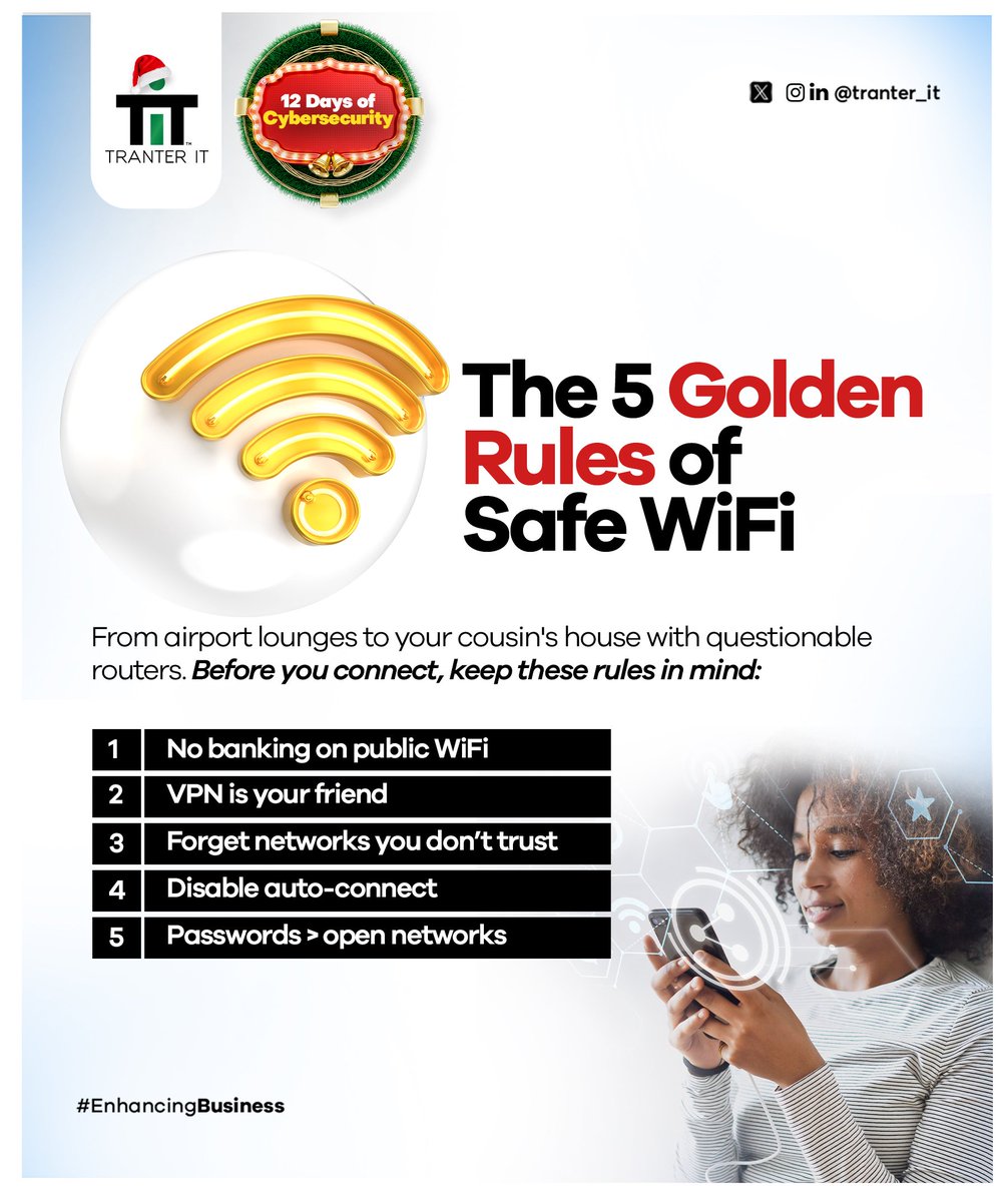 Tranter_IT's tweet photo. Public Wi-Fi is free for a reason⦠and that reason is not your safety.
One quick login and your data can be going places it has no business being.
Scroll smart. Connect wiser.
#TranterIT #ITinChristmas #EnhancingBusiness #8daystochristmas #12daysofcybersecurity https://t.co/efWbFTSytS