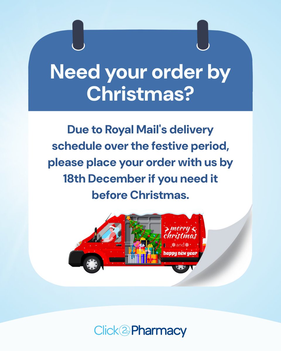 click2pharmacy's tweet photo. Need your order from us before Christmas?

Please place your order by 18th December to avoid any delays in your treatment.

#UKPharmacy #OnlinePharmacy #Click2Pharmacy https://t.co/ycyB7vKSmN