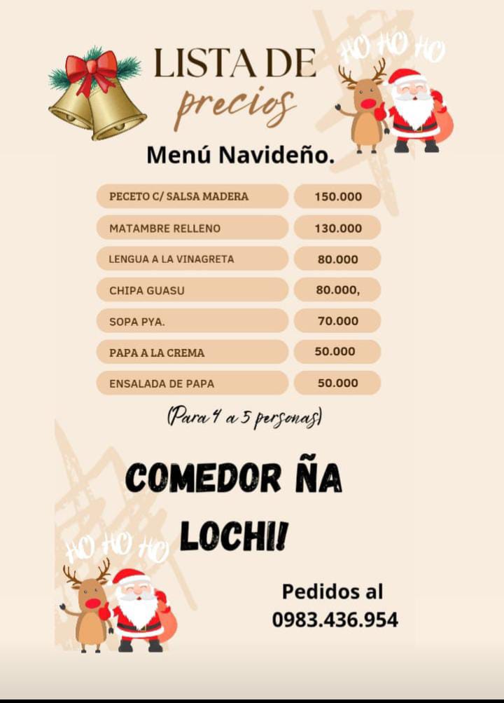 Que tal gente, mi mami tiene su comedor en Ñemby, este año está lanzando su menú navideño y me gustaría recomendarles. Todo lo que hace es muy deli y super casero. Les agradecería que hagan rt y le den ❤️ para llegar a más gente
Para pedidos 0983436954