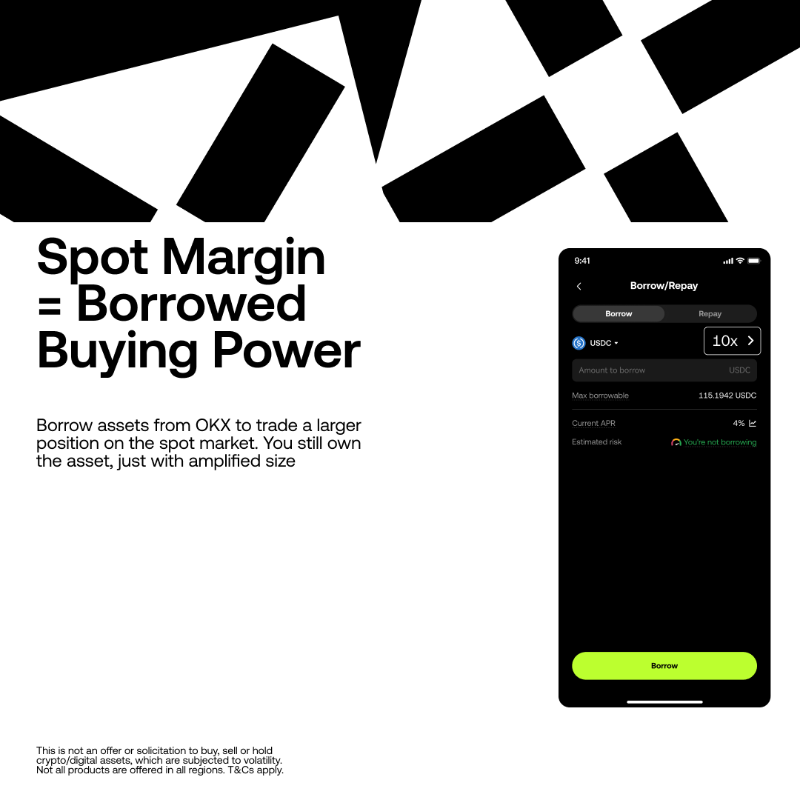 okx's tweet photo. Spot Margin is expanding across Europe with 10× amplification. 

Transparency, risk clarity, and a compliant, unified orderbook sit at the core of how OKX Spot Margin works.