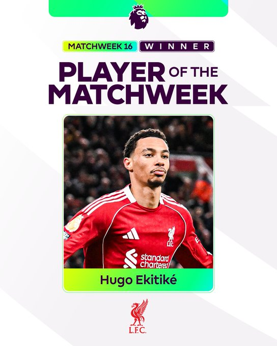 هوجو إيكيتيكي لاعب ليفربول يفوز بجائزة أفضل لاعب في الجولة 16 من الدوري الإنجليزي 