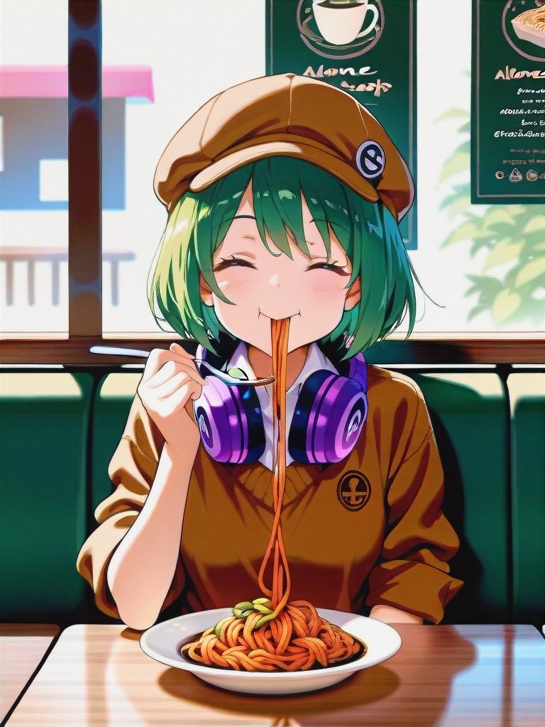 green_may1's tweet photo. パスタを頬張る

#AIart #緑髪キャラ https://t.co/tzu9eVmOkz