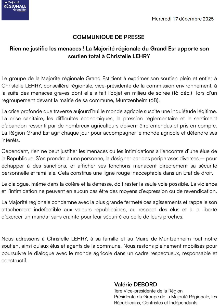 Communiqué de presse relatif aux menaces graves dont notre élue <a href="/LehryChristelle/">Christelle Lehry</a> a fait l’objet.

Notre Majorité lui apporte son soutien total.