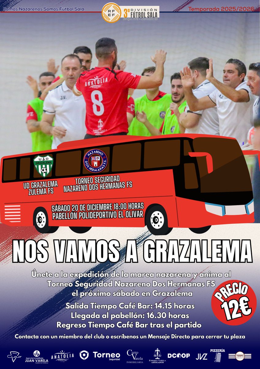 ℹ️ ¡Afición, nos vamos de viaje esta jornada!

🚍 Se ha fletado un autobús para el encuentro del sábado en Grazalema y nos quedan pocas plazas disponibles.

🧣 Únete a la expedición de la marea nazarena y vente a animar al equipo. 

💵 El precio a pagar son 12€ la plaza + 3€ de