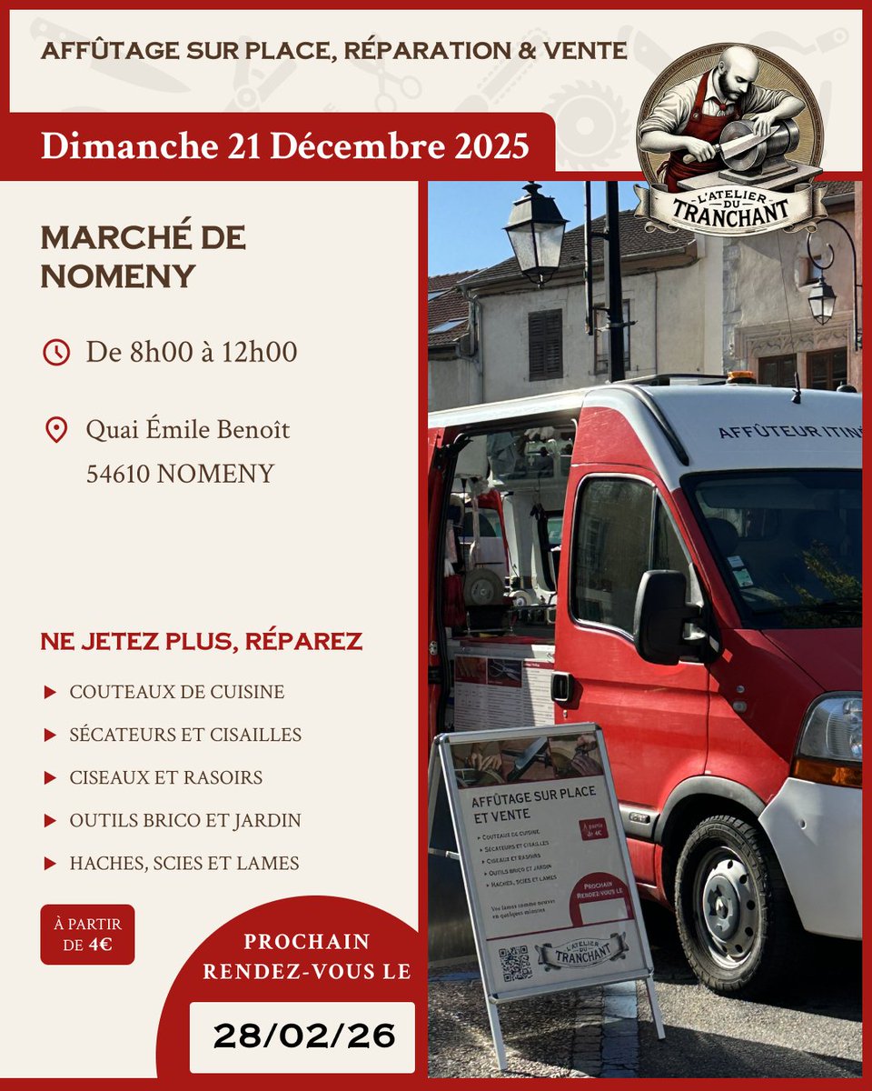 AtelierTranch's tweet image. 🔪 Ce dimanche 21/12
➡️ Marché de Nomeny (8h–12h)
🎄 Avant Noël, pensez à faire affûter vos couteaux et outils
📍 Quai Émile Benoît
💶 Dès 4€

Un couteau neuf, oui… mais bien affûté, c’est mieux 😉
#Nomeny #Affutage #MarcheLocal #Noel2025 #Artisan