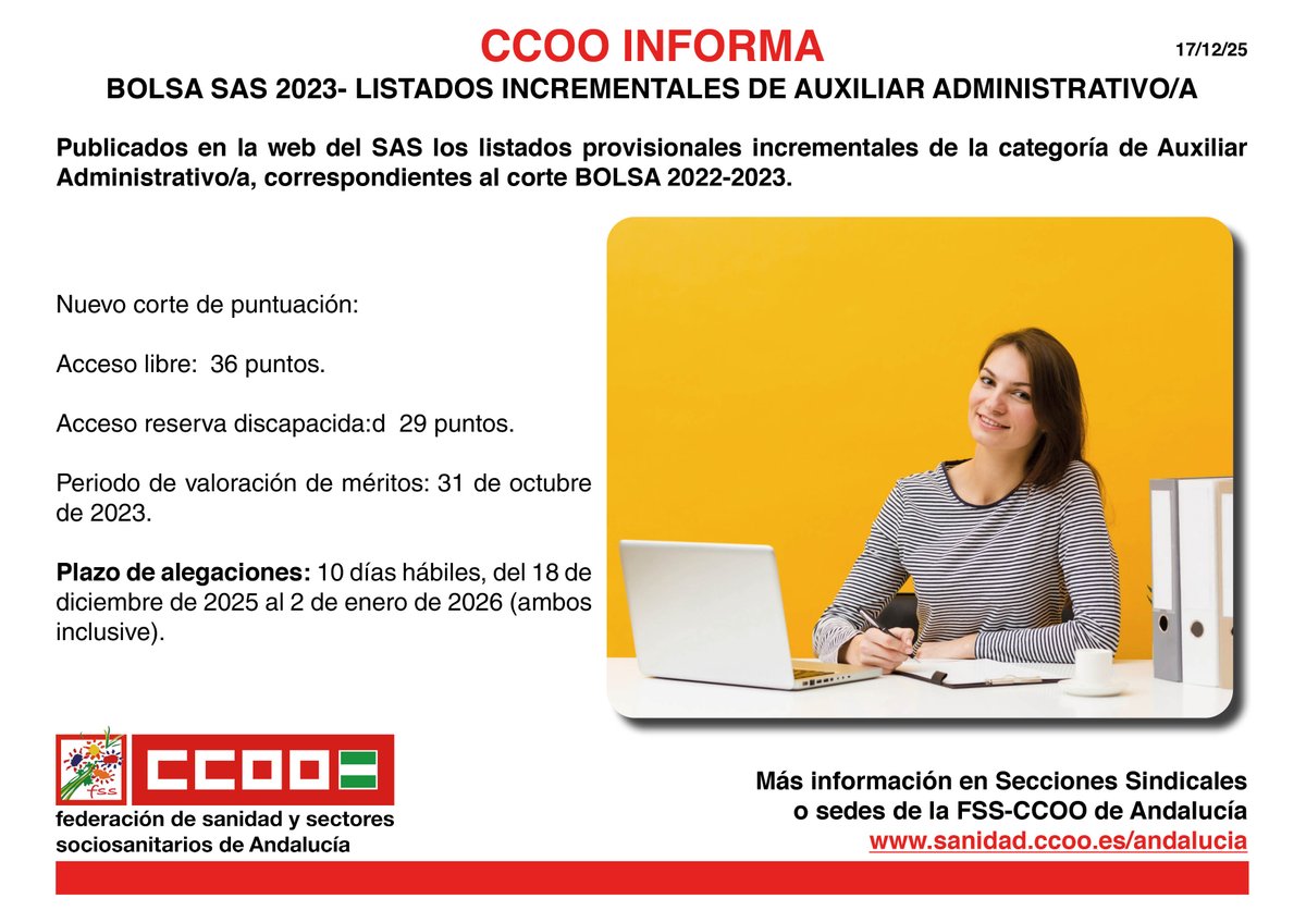 📄 Bolsa SAS 2023: Listados incrementales de Auxiliar Administrativo/a

💻 Accede a resolución y listado en nuestra web

#CCOOTuSolución

sanidad.ccoo.es/andalucia/noti…