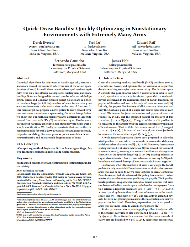 deeppdf_ai's tweet photo. Summary of 2025 #KDD Paper:
🔥 Quick-Draw Bandits: Solve nonstationary MAB in extreme-arm environments! 🚀 100-10k× faster, O*(√T) regret, 3.51% real ad CTR—outperforms GP-UCB &amp; greedy.
Details👉https://t.co/uoDqelZVqO https://t.co/0rk5tzpWPZ