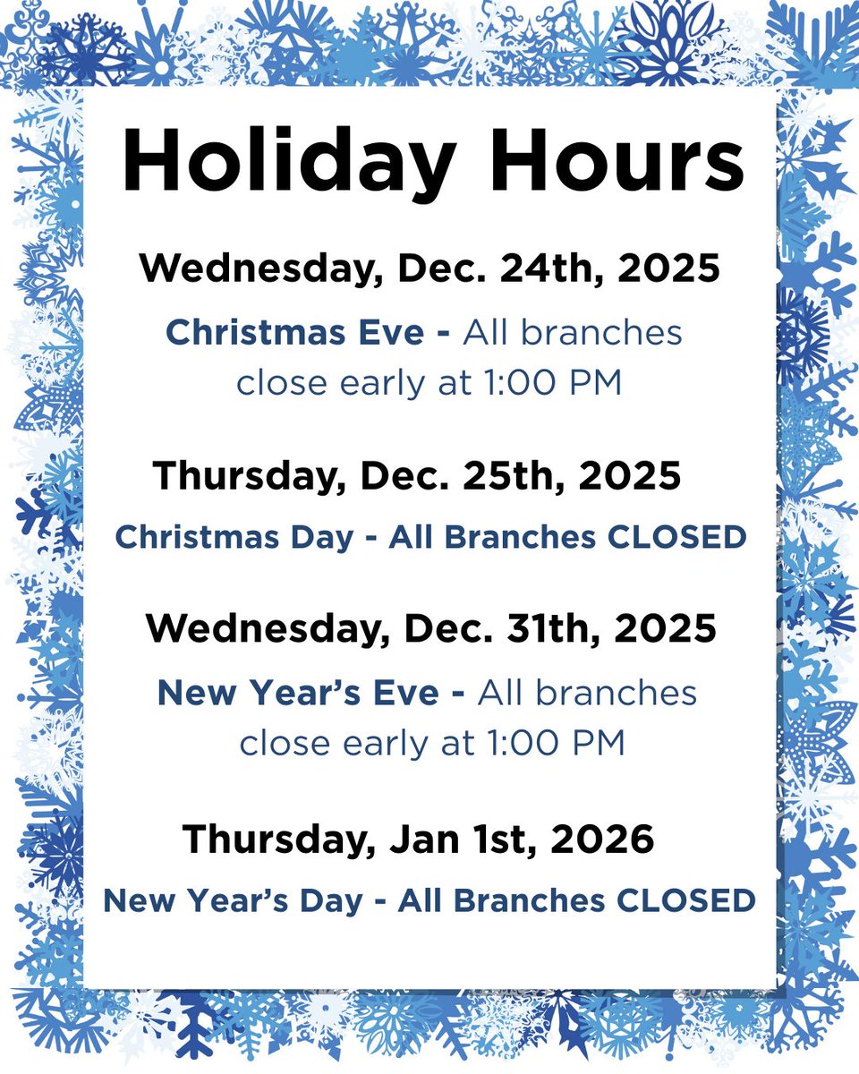 🔔 Holiday Hours Update 

Wed, Dec 24 (Christmas Eve): Close at 1 PM
Thu, Dec 25 (Christmas Day): CLOSED

Wed, Dec 31 (New Year's Eve): Close at 1 PM
Thu, Jan 1 (New Year's Day): CLOSED 

📲🏦 Manage your account 24/7: zurl.co/vIfi

#HolidayHours #BridgeCreditUnion
