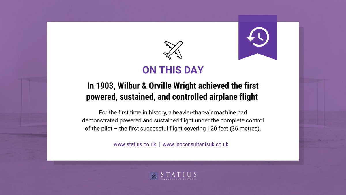 ThisIsStatius's tweet image. #OnThisDay in 1903, the Wright Brothers took flight 🛩️ The aircraft only survived for that one historic day and only achieved a flight covering 36 metres for 12 seconds.

Have you had any small wins this year that helped your business soar to new heights?

#BusinessWins