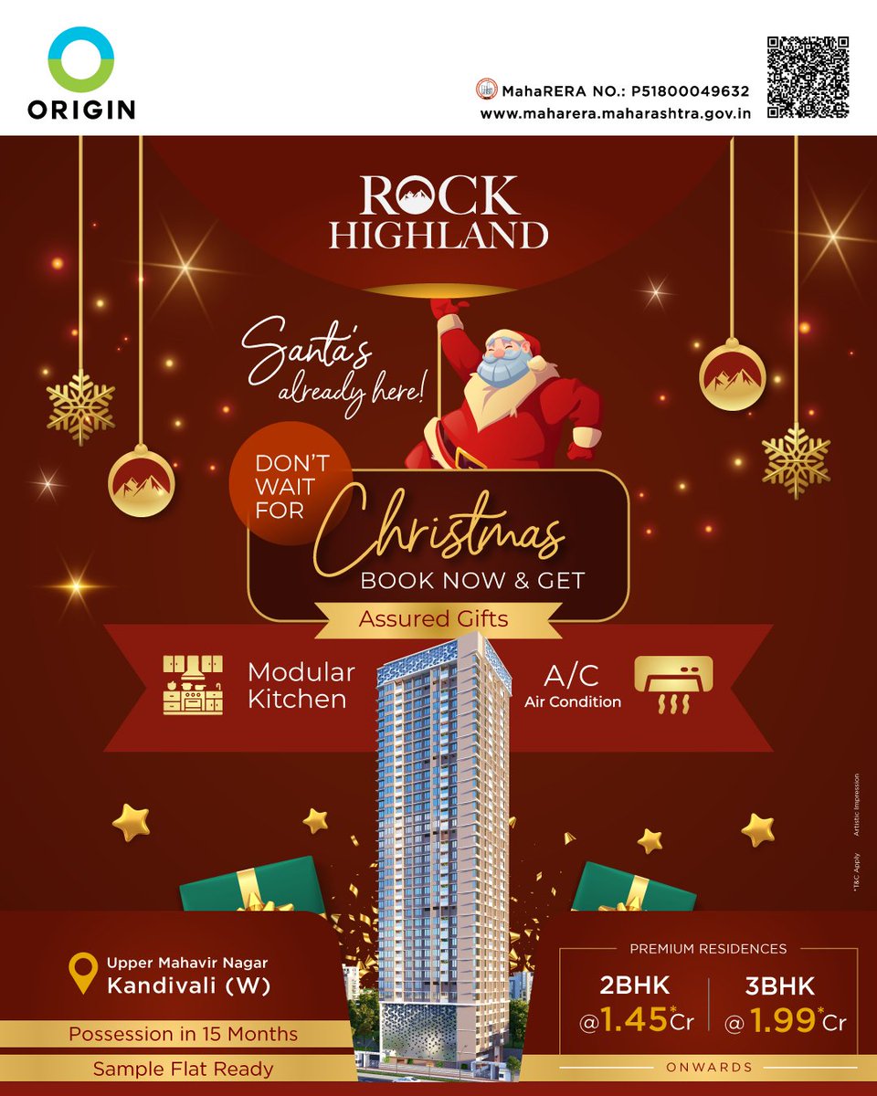 origin_corp's tweet image. At #RockHighland, Christmas Doesn’t Wait for the 25th — Santa’s Already Here! Book your dream home today and unwrap assured gifts like a #ModularKitchen &amp;amp; A/C, delivered with the warmth of early celebrations.
Know More: rockhighland.origincorp.in

📞 6300800200
.
.
.
#OriginCorp