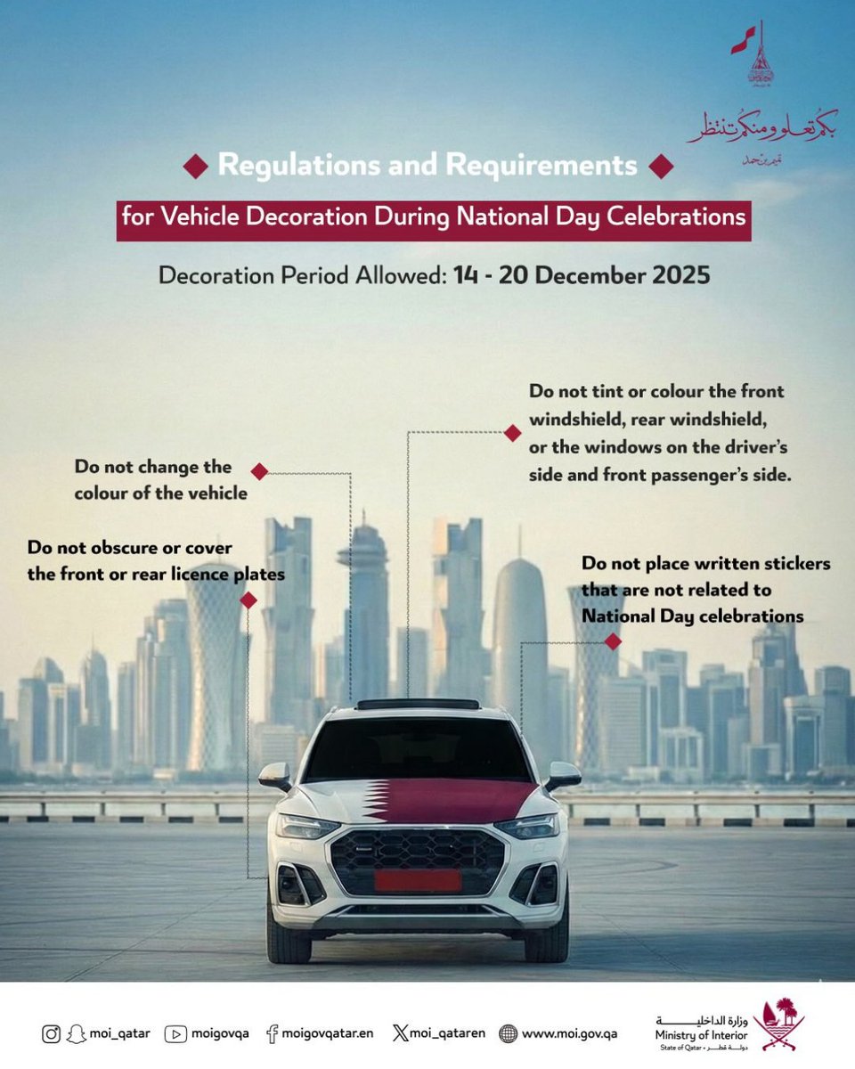 Q_Motor's tweet photo. Be sure to follow the rules for decorating your car on Qatar National Day https://t.co/bQyKLvvEVf
