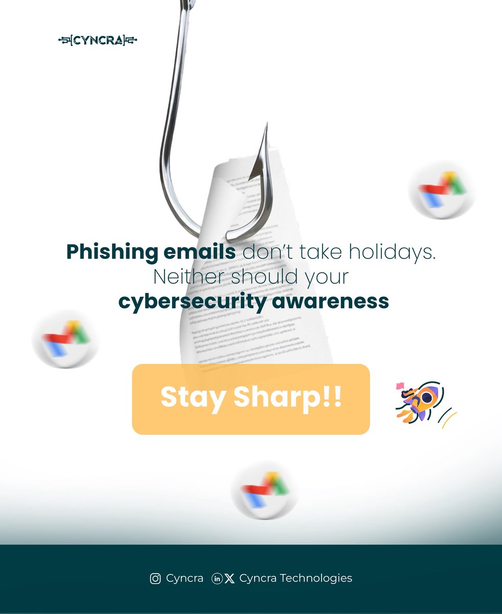 CyncraTech's tweet photo. Phishing emails don’t take holidays and neither should your cybersecurity awareness. 

At Cyncra, we help businesses stay alert, think before they click, and protect their data every day.

#Cyncra #CyberSecurity #PhishingAwareness #DataProtection #EmailSecurity https://t.co/hnX7WbQ4au
