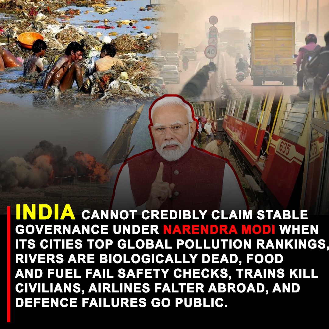 Thearcanum02's tweet image. India under Modi is facing systemic collapse, not isolated failures. Over 1.5 million die annually from toxic air, 70% of surface water is unsafe, and even milk is adulterated. When core survival systems fail together, it’s governance failure.
#ModiFailures #GovernanceCrisis