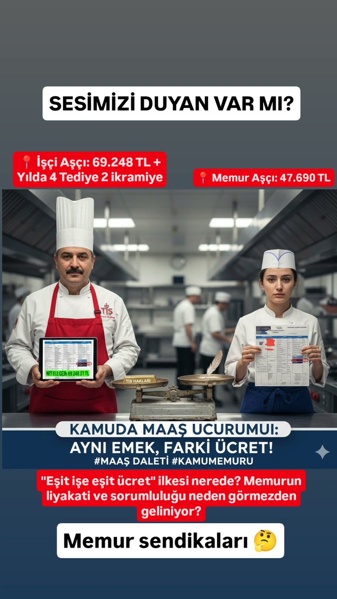 Aynı mutfak, aynı emek ama uçurum olan bir maaş tablosu! 🥣⚖️
📍 İşçi Aşçı: 69.248 TL
📍 Memur Aşçı: 47.690 TL
Aradaki 21.500 TL fark, kamuda çalışma barışını bitirmiş, memurun liyakatini cezalandırır hale gelmiştir. "Eşit işe eşit ücret" nerede? <a href="/memursen/">buro memursen</a> @turkkamusen <a href="/TC_Hazine/">Hazine Müsteşarlığı</a>