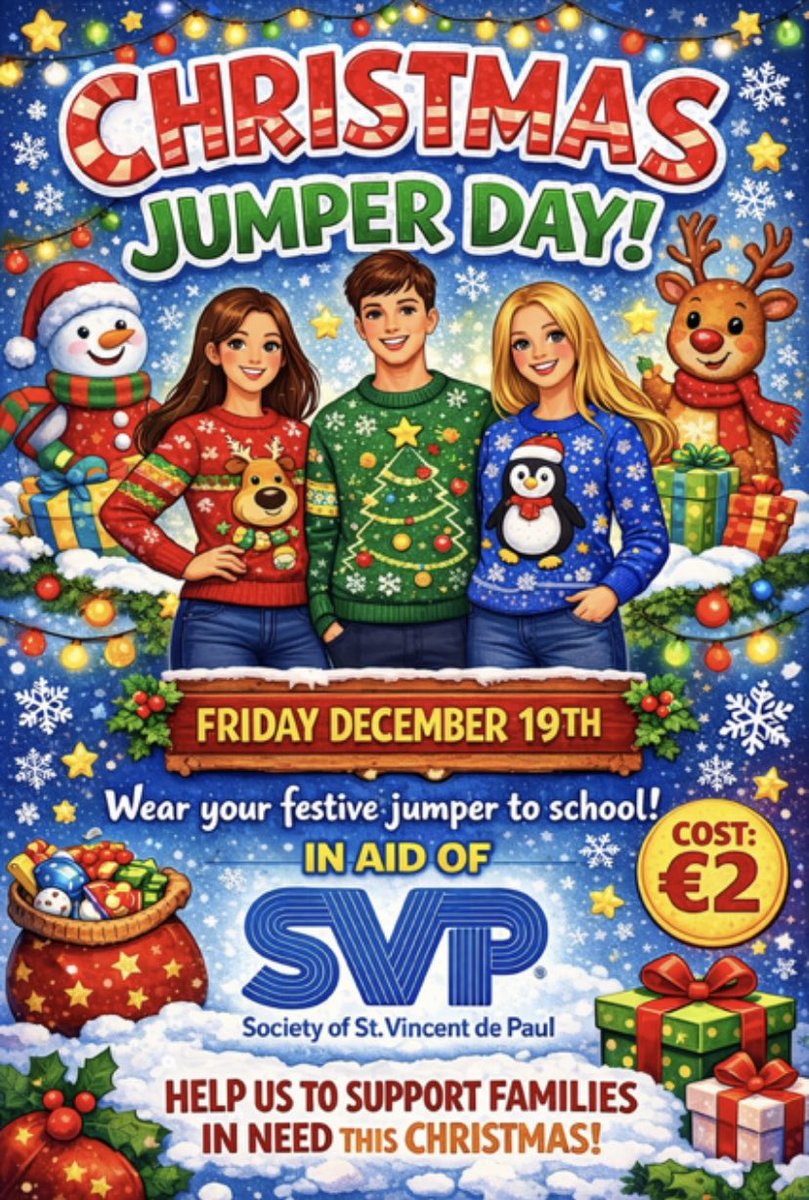 ❤️💚 Our <a href="/Young_SVP/">Young SVP Ireland</a> group are holding the last activity of their <a href="/Pres_Carlow/">Presentation College</a> Christmas Campaign, a Christmas Jumper Day. Cost is €2 on the door with proceeds going to Carlow SVP.  ❤️💚Thank you for supporting their overall campaign! <a href="/CeistTrust/">CEIST</a> <a href="/PresSisNE/">Pres Sisters NE</a>