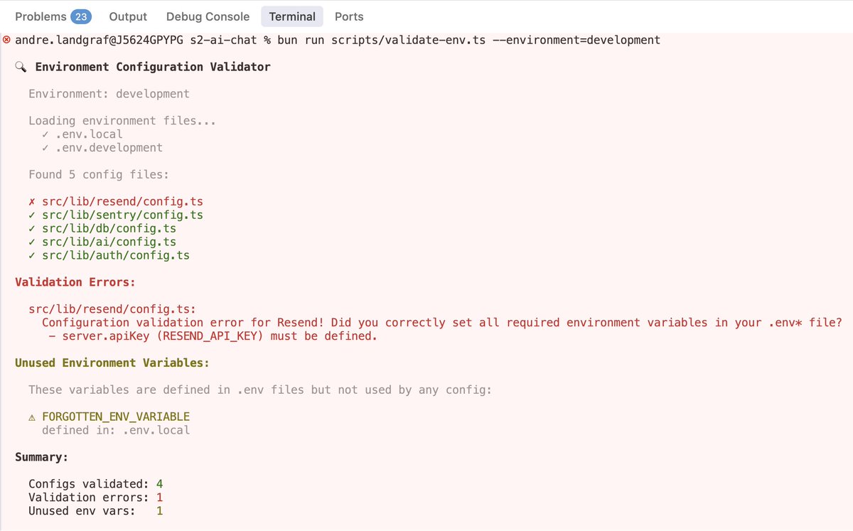 andrelandgraf's tweet image. Validation script for prebuild and dev to catch missing env vars early: