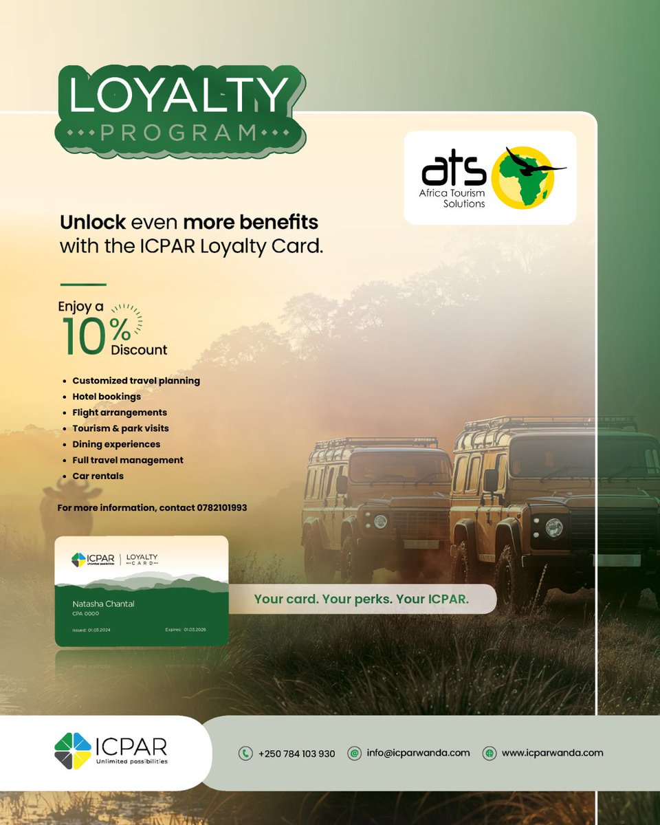 I_CPAR's tweet image. Planning your next trip? Use your ICPAR Loyalty Card and enjoy a 10% discount with Africa Tourism Solutions (ATS) on bookings, experiences, car rentals, and full travel support.
For more information, contact 0782101993.
#ICPARRwanda #LoyaltyProgram #MemberBenefits #TravelSavings