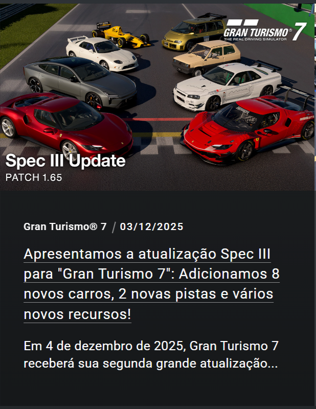 🚨Microsoft confirma que Forza Motorsport (lançado ao final de 2023) não terá mais updates relevantes. A equipe da Turn 10 (estúdio dedicado a essa série) vai focar em Horizon 6.

Curiosamente, Gran Turismo 7 continuará recebendo novos carros, pistas e novidades relevantes.