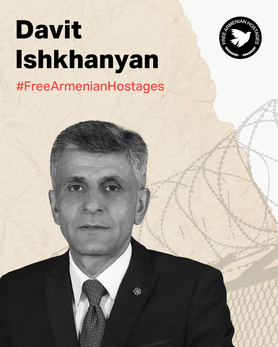 FreeArmHostages's tweet photo. Remember their stories, fight for their freedom!
#FreeArmenianHostages

Davit Ishkhanyan is an Armenian politician and statesman who has served as President of the National Assembly of the Republic of Artsakh since August 2023. He was born on 27 December 1968 in the village of Ashan, Nagorno-Karabakh (then part of the USSR). He previously served as a deputy of both the Supreme Council and the National Assembly of Artsakh and is a member of the Bureau of the Armenian Revolutionary Federation.

On 3 October 2023, Davit Ishkhanyan was arrested by Azerbaijani forces in Stepanakert and taken to Baku. He remains in preventive detention and is being tried before the Baku Military Court alongside 14 other Armenian citizens. He faces multiple charges under Azerbaijan’s Criminal Code, including allegations of genocide, mercenarism, and terrorism.

According to open sources from Azerbaijani media, Ishkhanyan made statements during several court hearings in 2025. During the hearing on 1 May 2025, a video was shown in court allegedly depicting him obstructing Azerbaijani soldiers near Shushi. Ishkhanyan disputed the authenticity of the video, stating that his physical condition at the time—he was using a cane—would have made such actions impossible.

In subsequent hearings, his preliminary investigation testimony was presented. Ishkhanyan requested that only the testimony he gave during the court proceedings be considered. He also asked the court to provide a list of internationally registered organizations and media outlets operating in Azerbaijan; this request was denied.

At the hearing on 13 November 2025, the prosecution requested that Davit Ishkhanyan be sentenced to life imprisonment.