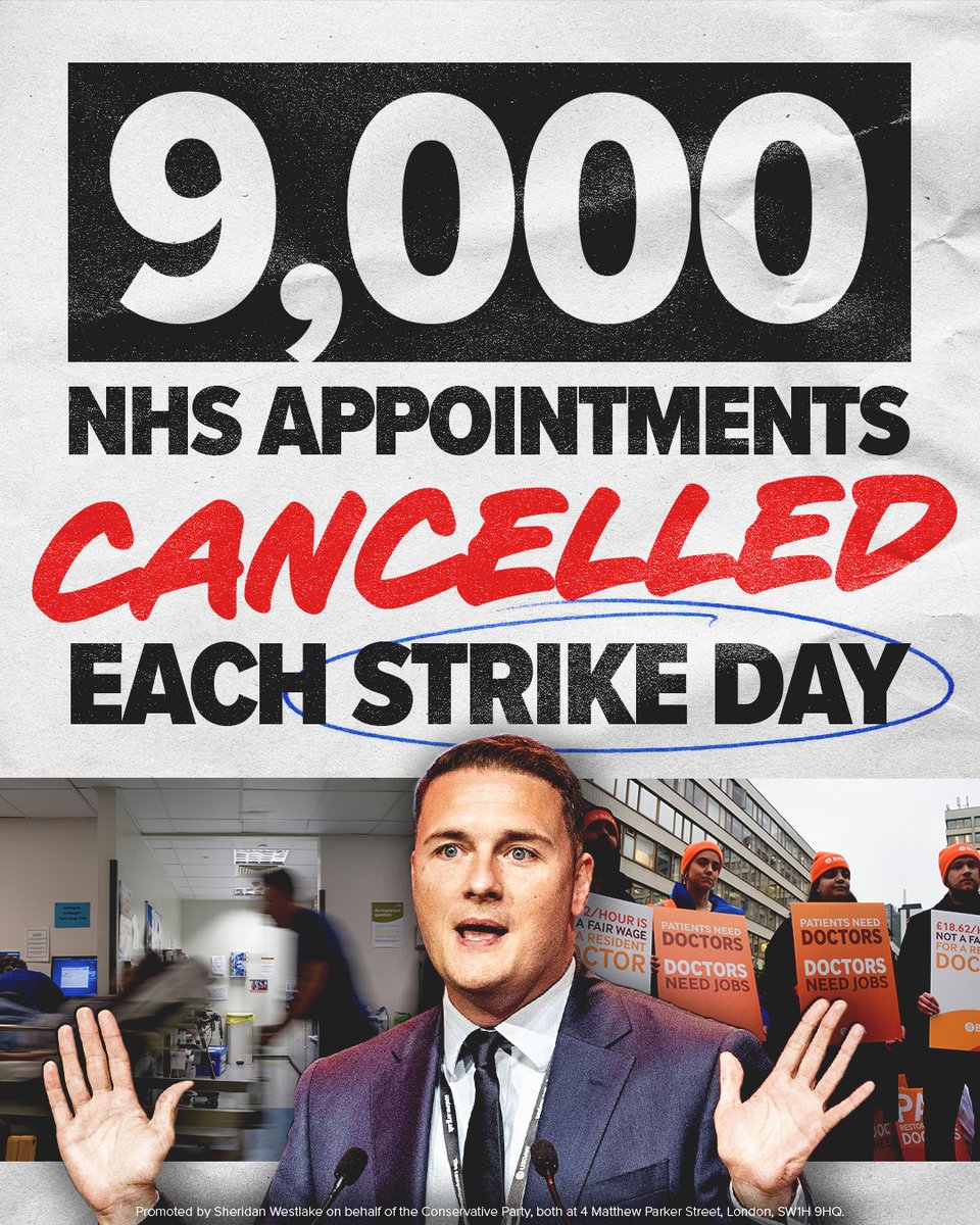 As soon as Wes Streeting entered office, he caved in to the Unions and handed Resident Doctors a pay rise of over 20%.

Now they've come back for more, and patients are suffering.

Only Conservatives have a plan to ban doctors from striking, as we do with the Police and the Army.