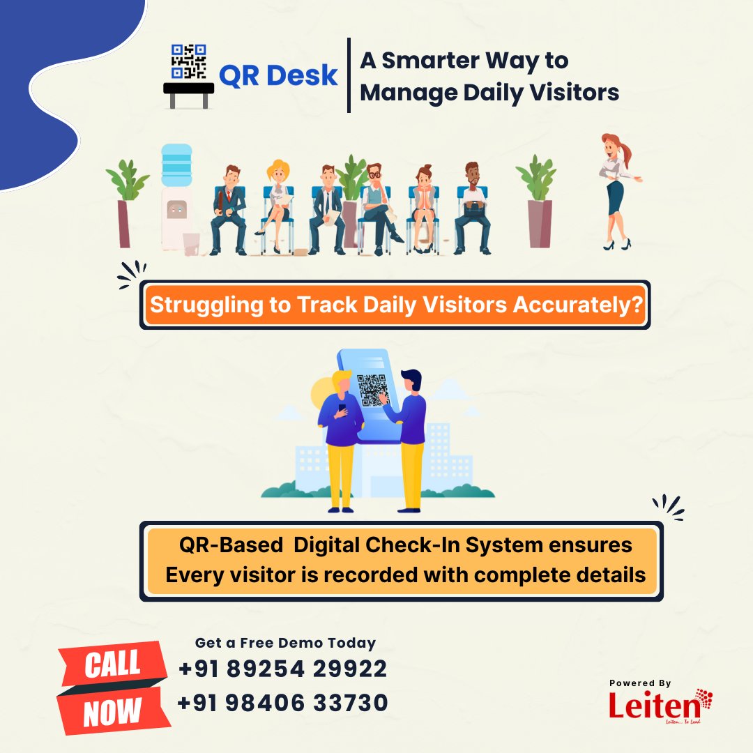 LeitenTech's tweet photo. Still tracking visitors manually? ⏳

Upgrade to QR Desk 📲
✔ QR-based digital check-ins
✔ Accurate visitor records
✔ Faster &amp; secure front desk
🎯 Get a FREE demo
📞 +91 89254 29922 | +91 98406 33730
#QRDesk #VisitorManagement #SmartOffice #DigitalCheckIn #Leiten https://t.co/VfuYvXPbLD