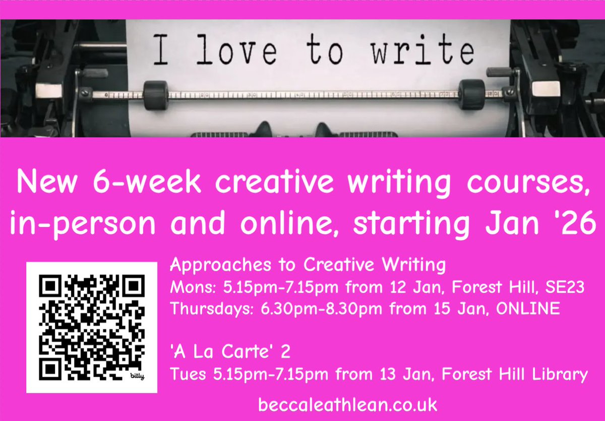 £10 off Creative Writing courses booked by 31 December – with coupon code: Christmas 2025
New Creative Writing courses starting from 12 January, both online and in-person. Great Xmas present, too! Book here: beccaleathlean.co.uk/shop/