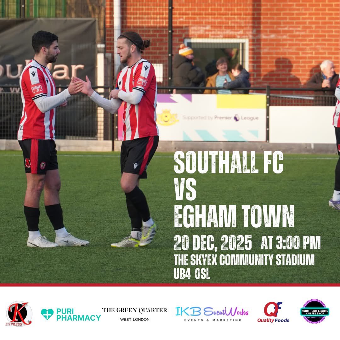 In our next instalment of this festive period, we go up against Egham Town 
⁠
🆚 Egham Town⁠
📆 20/12/2025 - 3:00pm KO⁠
📍The SkyEx Community Stadium, Beaconsfield Road, UB4 0SL⁠
🎟️ £12 adults / £6 concessions / £1 Under 16s⁠

Home Shirt: southallfc.com/payments/20252…
⁠
🔴⚪️ UP