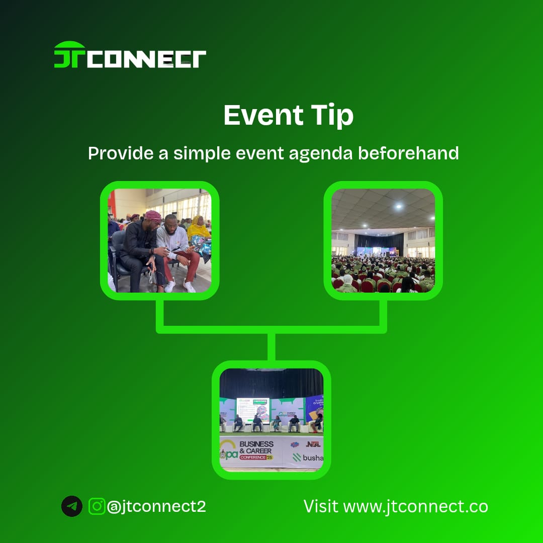 jtconnect2's tweet photo. 🎤 Event Tip:
Share a simple agenda before your event.

Clear expectations = better engagement, smoother sessions, and a more professional experience.

At JTConnect, we design events that work — from planning to execution. 🚀
#EventTips #JTConnect #EventPlanning https://t.co/54dlBNlEok