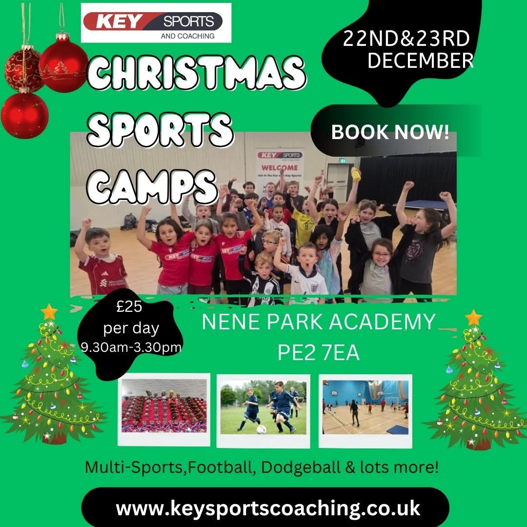 Our Christmas Holiday Half Term Sports Camps 2025 have now been confirmed at Nene Park Academy!⭐️

📍Nene Park Academy PE2 7EA

📅Monday 22nd December – Tuesday 23rd December
⌚️9.30am-3.30pm 
Boys and girls aged 4-12.

💻 To book please visit keysportscoaching.co.uk