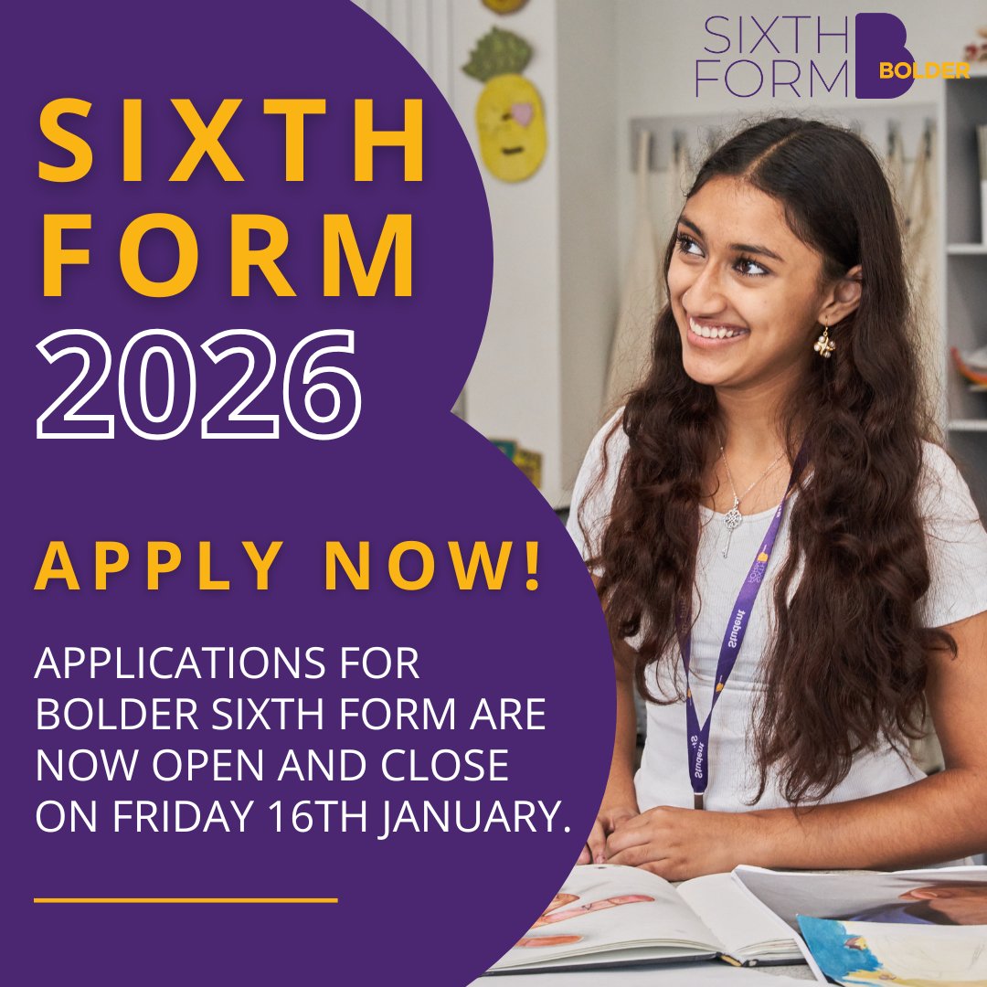 Your future matters.

From UCAS applications to work experience and careers planning, Bolder Sixth Form provides outstanding support to help you take your next steps with confidence.

Apply now &mdash; applications close Friday 16th January.
Learn more:&nbsp; bolderacademy.co.uk Image